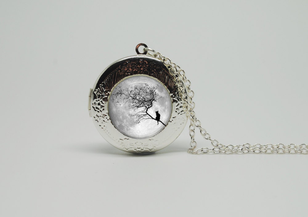 Silver Glass Locket Necklace with Inspired Cat and Moon