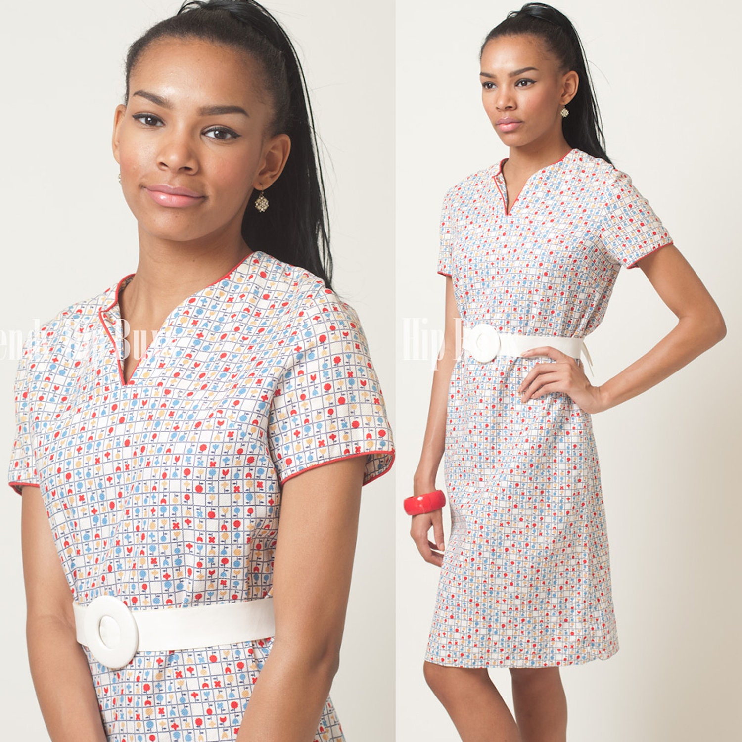 Vintage 60s White red Blue apple print cotton Summer shift dress - S/M