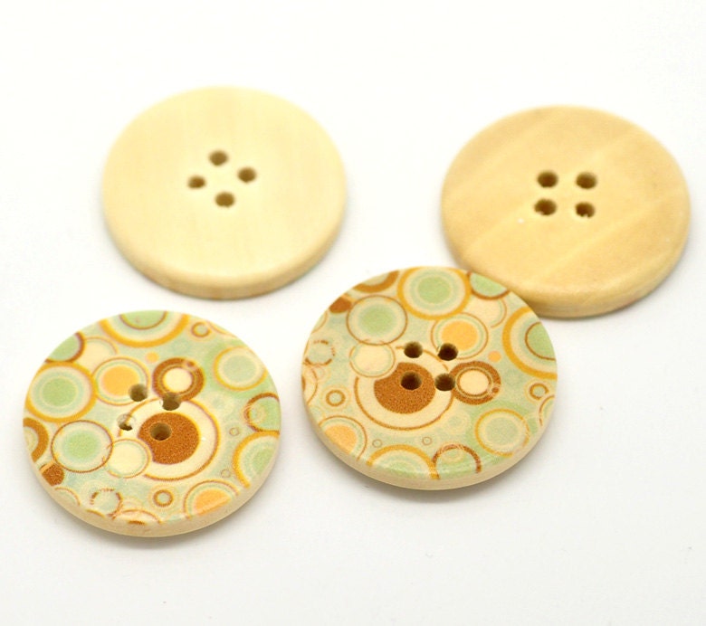 20 Floral (Design 13) Painted Wood Button Four Hole Natural Wood Colour 30mm - 20 Pack