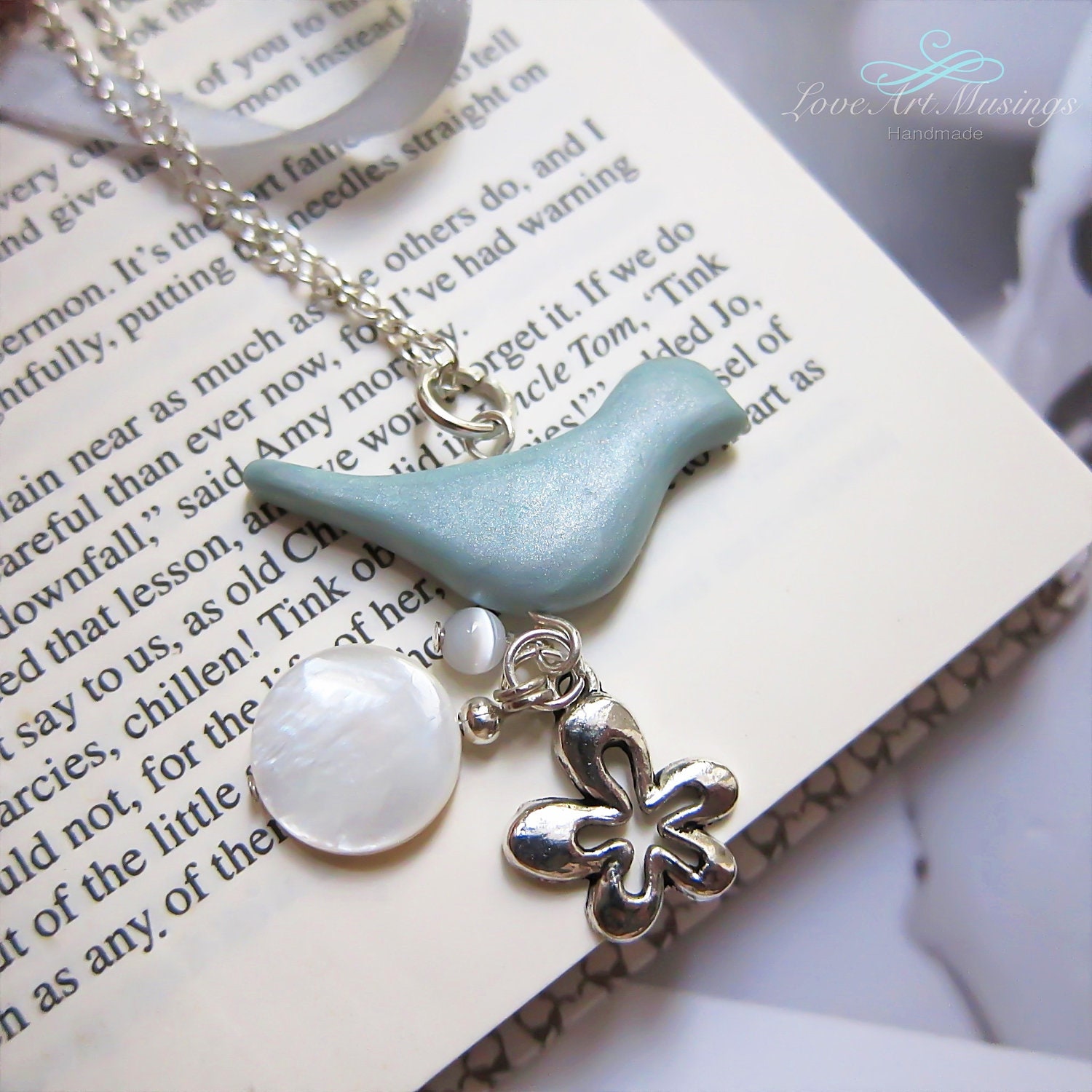Silhouette Sky Blue Bird Pendant with Cluster Charms Long Necklace - Bird Necklace, Nature Inspired, Silver Chain, Polymer Clay Jewelry