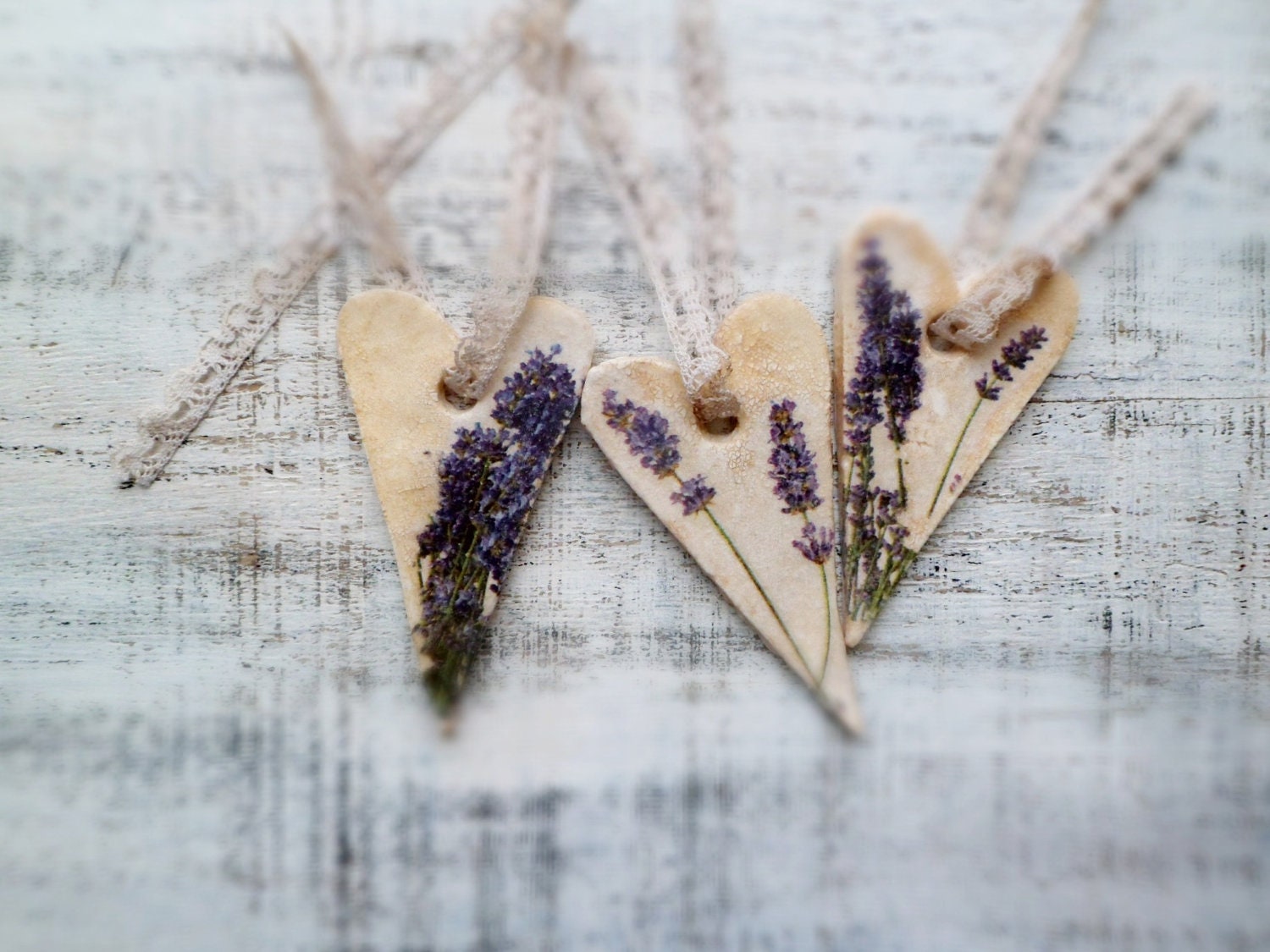 Set of 3 heart ornaments Provence lavender rustic shabby chic home kitchen decor floral spring summer ivory creamy lilac  purple white grey