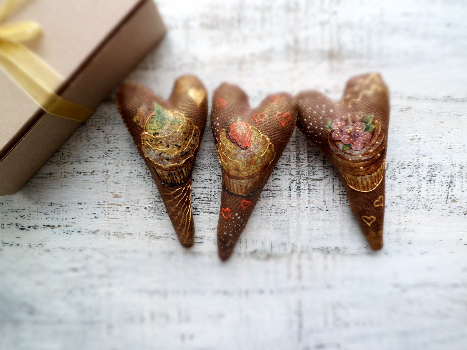 Set of 3 OOAK coffee vanilla heart magnets boho kitsch rustic shabby chic home decor gift for couple