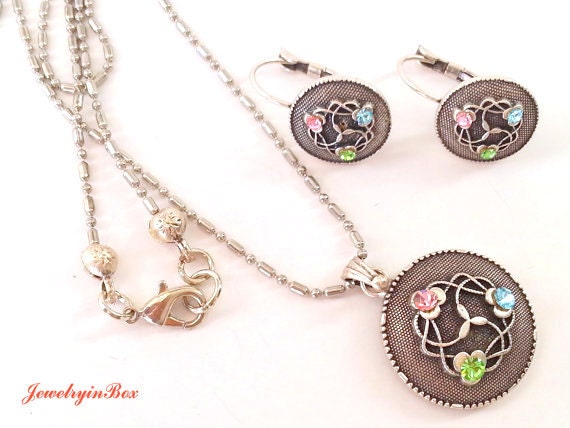Jewelry Set with Pink, Blue and Green Swarovski Crystals  (Necklace and earrings)