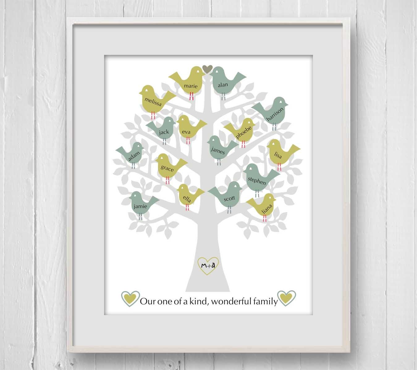 Personalized Family Tree Art, Retro Modern Bird, Family Tree Print, 8x10, Grey Blue Green, Custom Colors, family gift Mothers Day