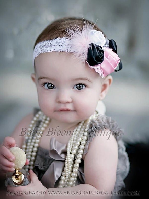Baby Headband, Girl Headband, Pink satin Headband, Shabby Flower headband, Feather headband, Baby girl headband, Fancy headband
