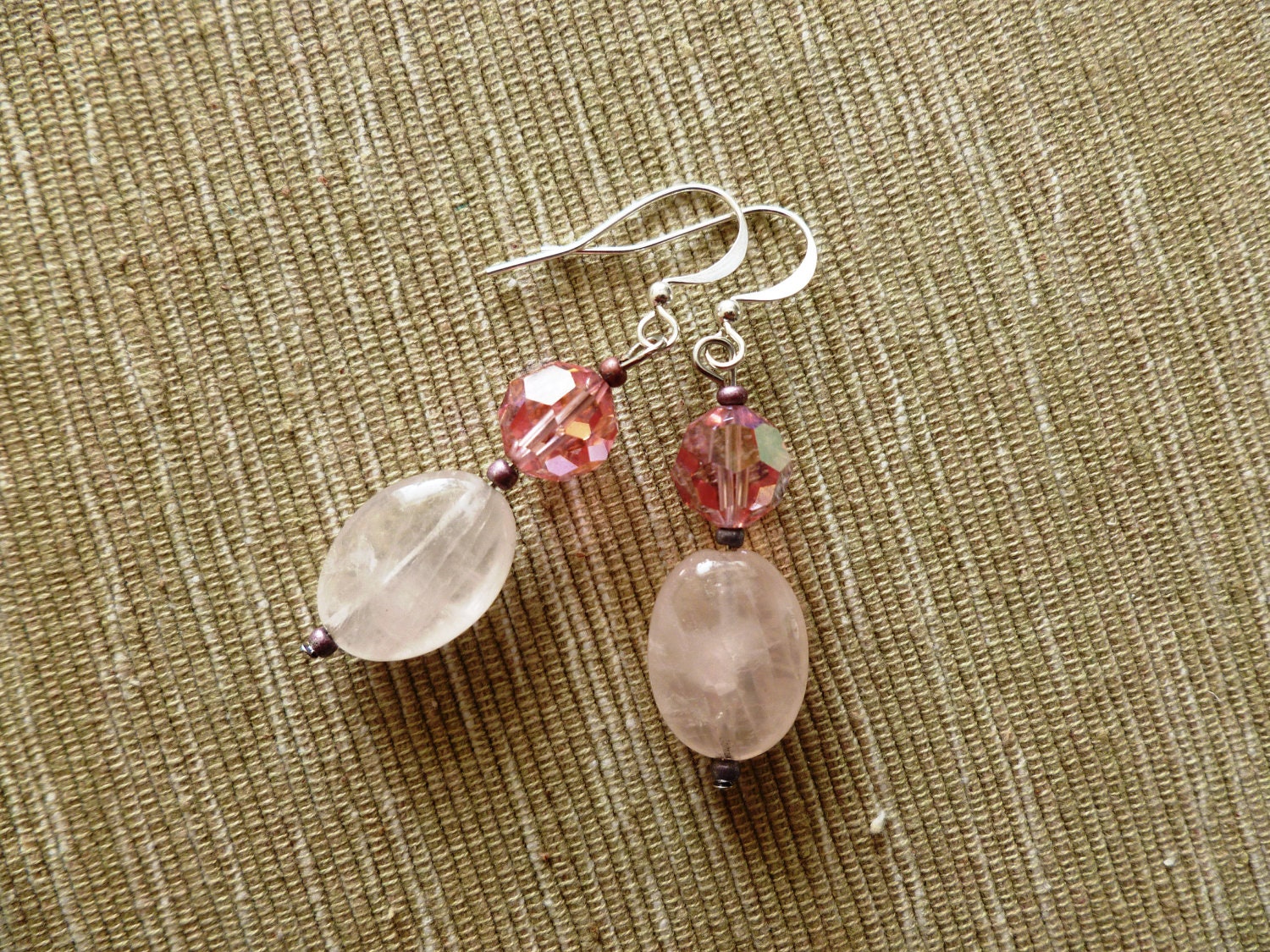 Pink Quartz and Crystal Earrings on Sterling Ear Hooks