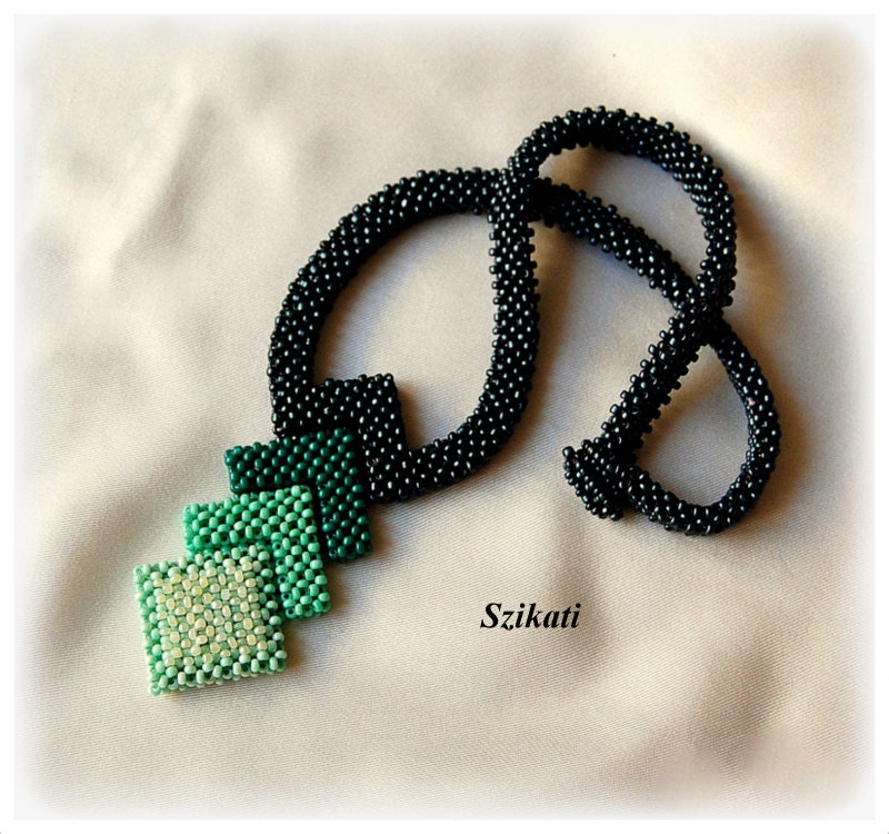 Beaded unique shaped autumn fashion OOAK green necklace, fall colors