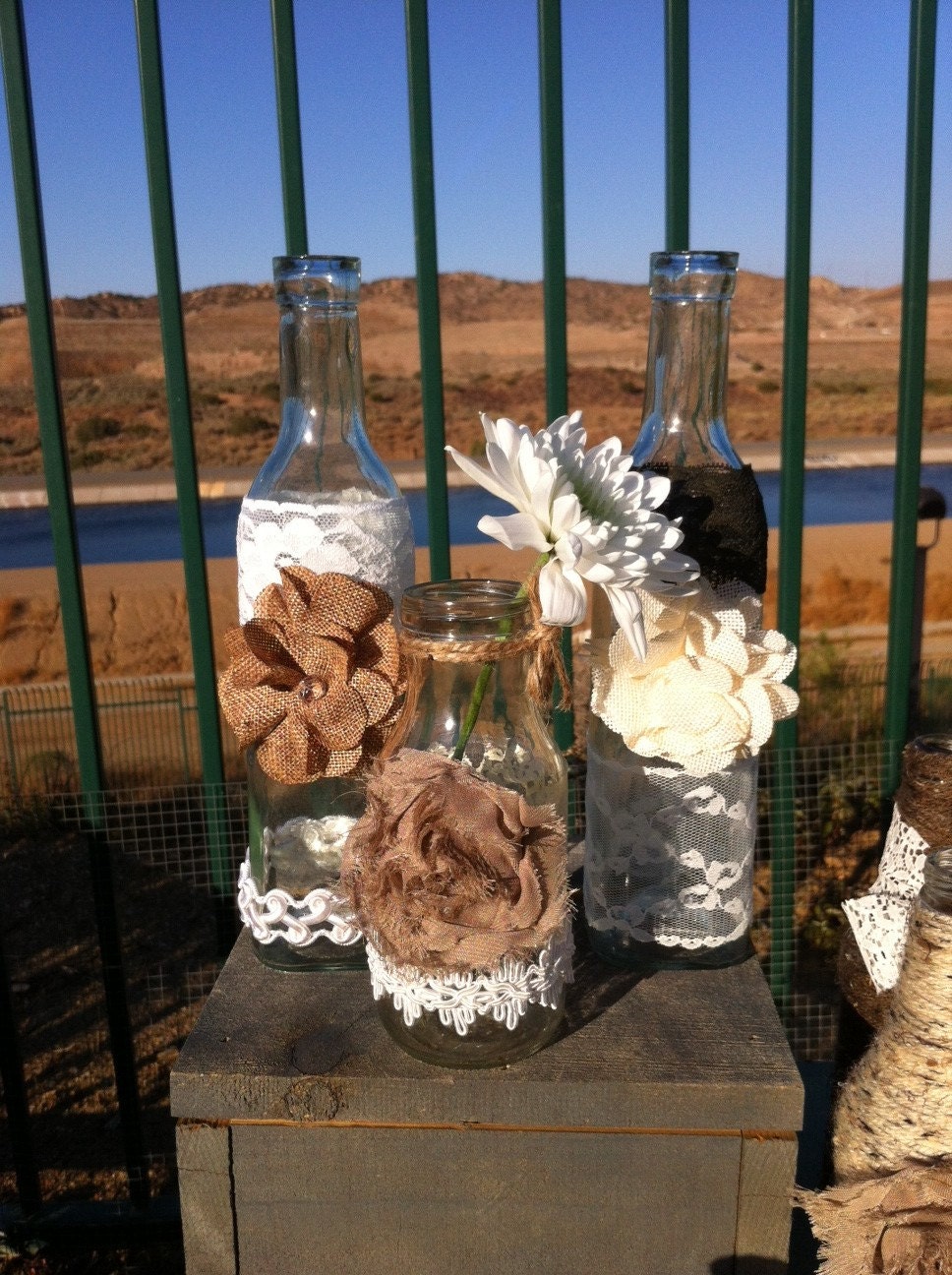 RUSTIC CHIC VASES for Weddings or Cottage Decor : Rustic Farm House and Shabby chic/Burlap Lace Mason Jar style Vases candle holders