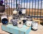 RUSTIC WEDDING DECOR. 15 Bulk Burlap Lace Mason Jars for Head Table Decor. Wedding Centerpieces, Navy Wedding Decor, Gray Wedding Decor