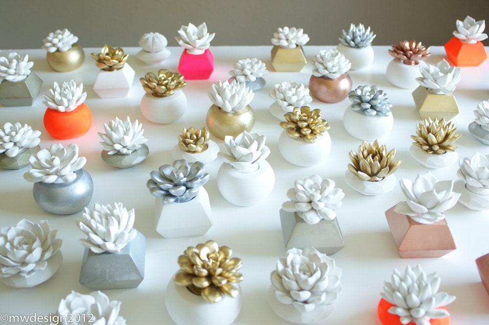 Succulent Sculpture in White Modern Faceted Geometric Container, Spring Tabletop, Wedding Centerpiece