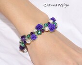 Wire Crochet Bracelet with lilac coral roses,amethyst stones, freshwater pearls and crystals handmade by Zhanna Design.