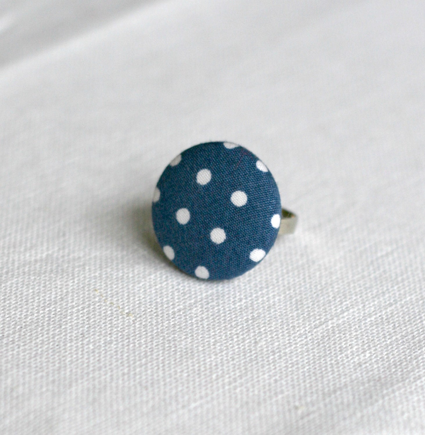 Navy & White Polka Dot Fabric Covered Button Ring