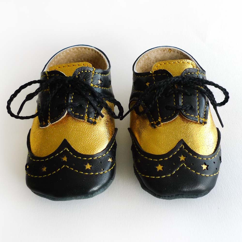 Baby Boy Shoes Black and Gold Leather Crib Dress shoes