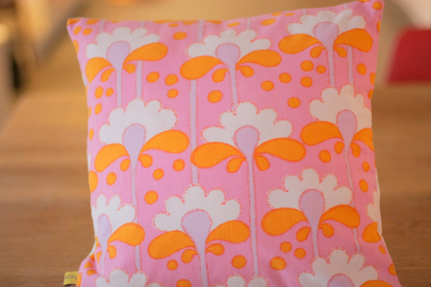 1970s Scandinavian Vintage Fabric Retro Cushion Cover Pink and Orange
