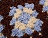 Granny Square Afghan - Baby blue, brown, cream in color. No fringe.