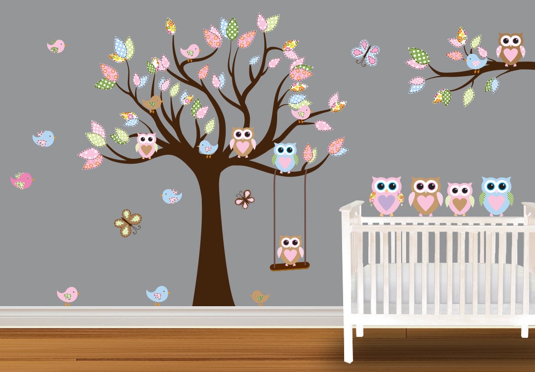Children Wall Decal Baby Nursery Owl Wall Decal Wall Stickers Birds butterflies