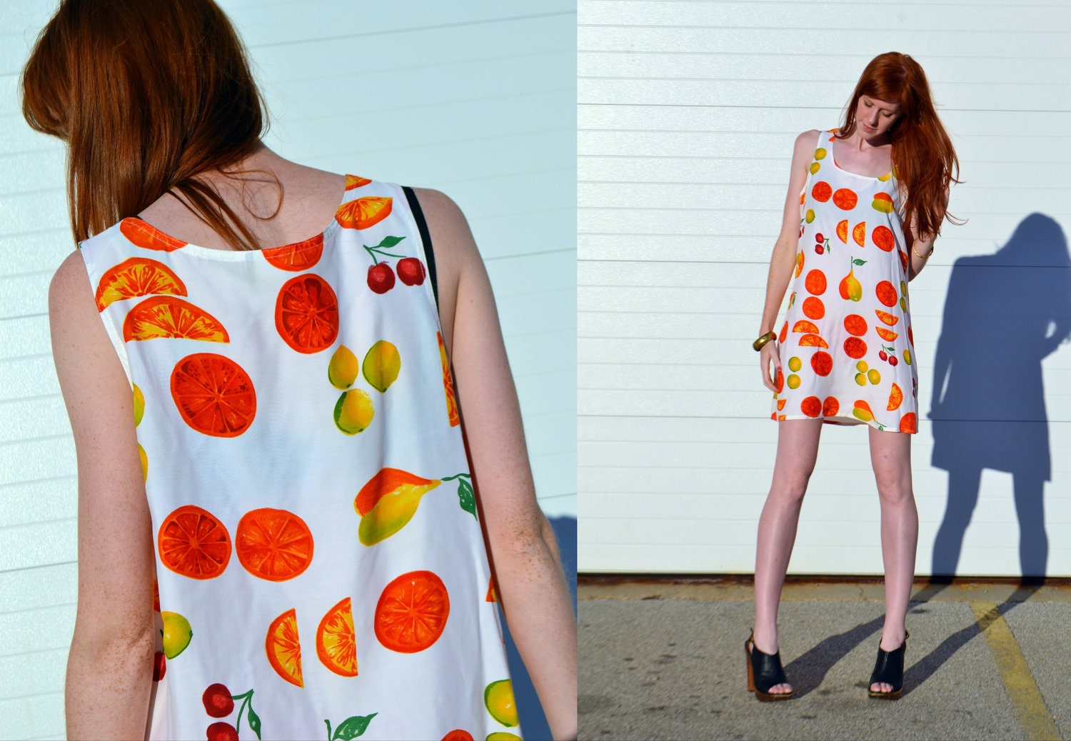 Vintage 80s white NOVELTY FRUIT PRINT colorful cherries and citrus printed over size silky mini dress