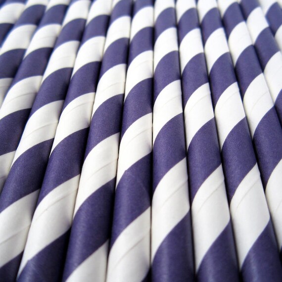 25 PURPLE and WHITE Striped Paper Straws with Party Flags - Cake Accessory Lollipop Sticks - Baking Craft Party Supplies Il_570xn