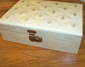 Vintage Jewelry Box. Off White Faux Leather with Red Satin Interior and Gold Hardware