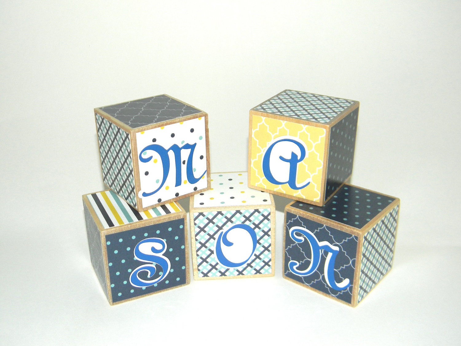 Personalized Childrens 2 Inch Blue and Yellow Baby Nursery Wooden Name Blocks for Maternity Newborn Photo Prop-Shower Gift-