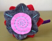 embroidered pink, gray and red wool felt blossom headband by Jennifer Linderman