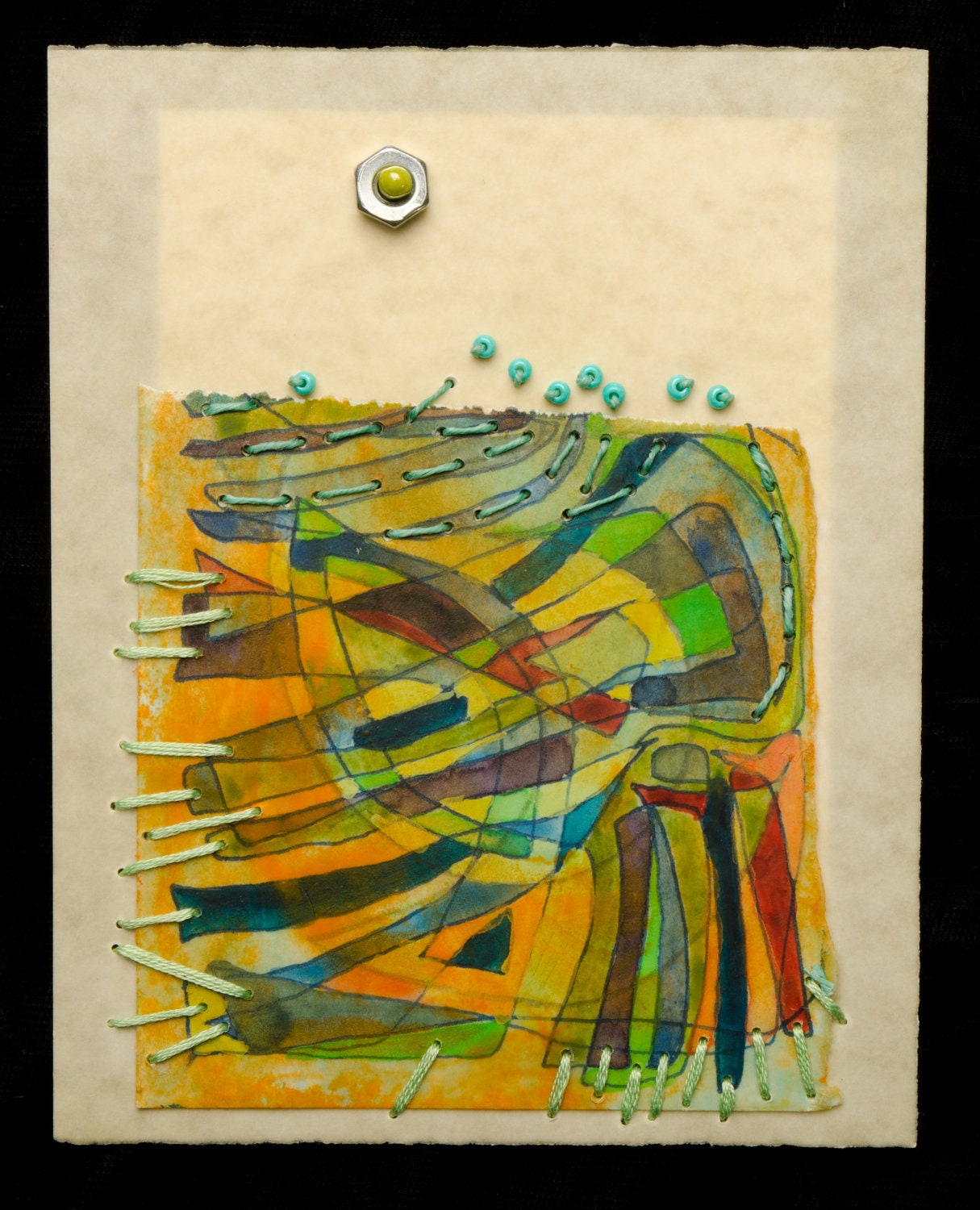 Moon over the sea. Encaustic Mixed Media Art No. 0068. Abstract. Waxed paper and threads, beads, and steel nut.