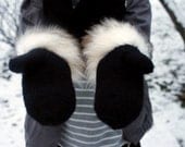 SALE - 40% OFF handmade knitted wool mitt gloves ''fur fairy tale'' black with white fur. Made to order.