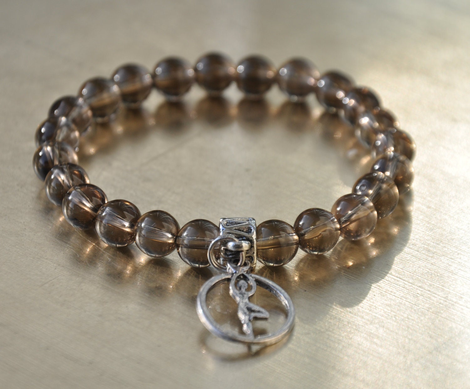 Energy Smoky Quartz Beaded bracelet , Yoga Charm ,  Yoga Bracelet , Meditation, Tibetan , Healing Bracelet