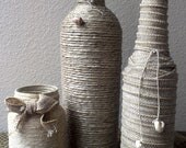 Set of 3 upcycled glass jars and bottles wrapped in hemp and jute ribbon with shells from Maui