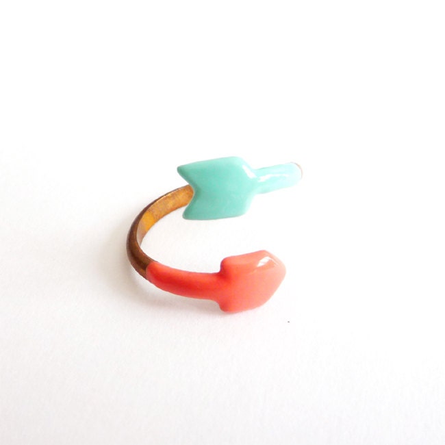 Arrow Ring in Mint and Coral. Adjustable Ring. Ribbon. Stackable Ring. Simple. Everyday Jewelry. Color Block.