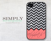 Personalized iphone 4 case - iphone 4s case - plastic or silicone rubber - coral and glittery chevron monogram design ( NOT ACTUAL GLITTER )