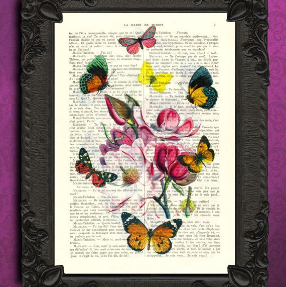 Flower print with butterflies vintage home decor dictionary print - upcycled French dictionary art print - Mixed media book page print