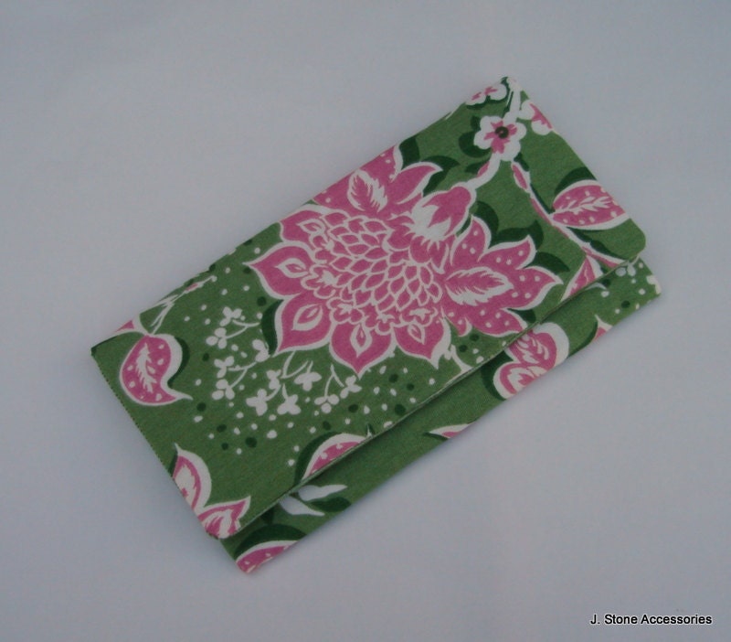 Women's Clutch,Women's Green with Pink Flowers Fabric Clutch