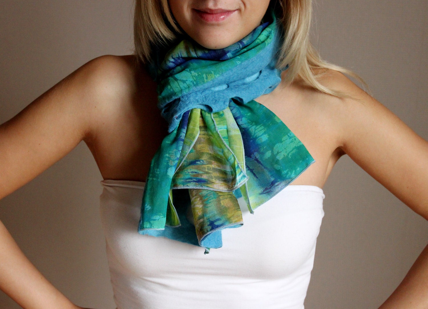 Woman silk scarf '' Aurora '' with felted wool elements gift idea chrstmas ny birthday eco /hmet/rusteam/team madcap/etsy lush