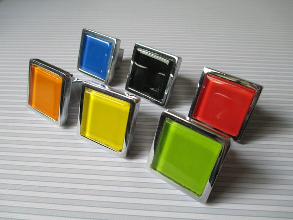 Glass Knobs / Dresser Drawer Knobs Pulls Handles Square White Black Red Yellow Green Orange / Furniture Knob Cabinet Knobs Hardware Colorful