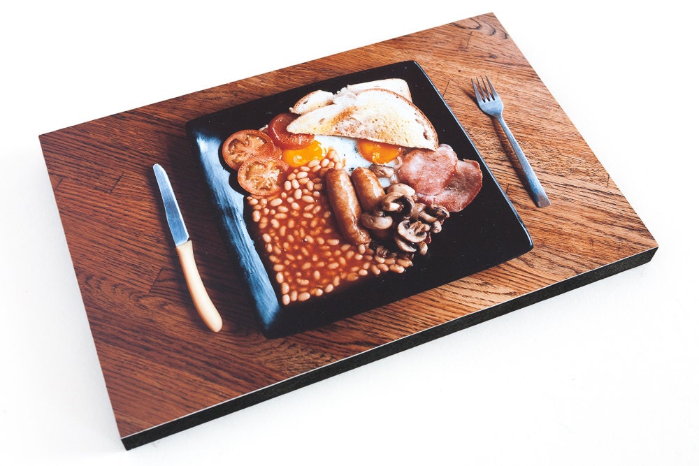 Full English Breakfast on a black plate. 9" by 6"  Wooden block mounted  Photograph