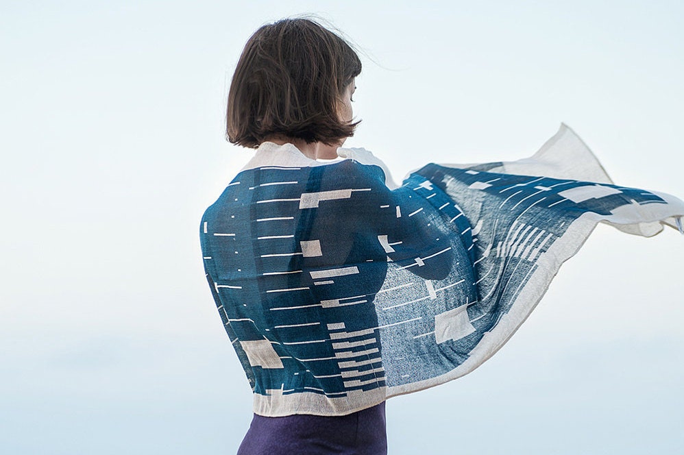 ROYAL BLUE Cotton Gauze Scarf, Hand Screen Printed Nautical Light Scarf. Unisex Gift