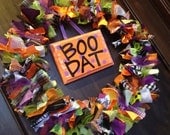Fun & Funky Unique Custom Fabric Ribbon and Tulle Wreath For All Occasions 20" Halloween Boo Dat