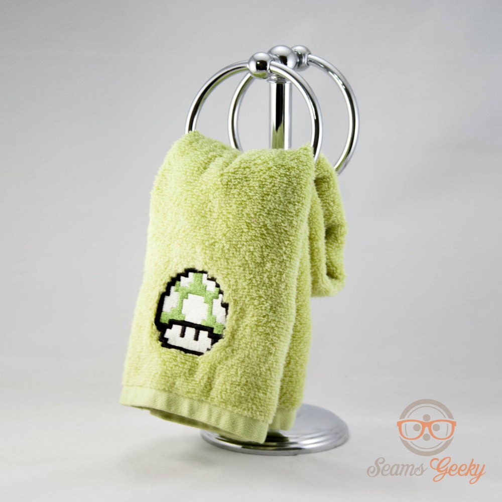 Super Mario Bros. Green Mushroom Inspired - Embroidered Hand Towel