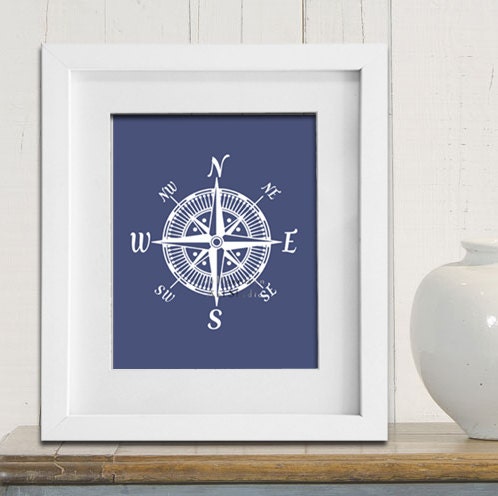 Nautical compass art print Modern nursery art Cottage beach house decor Bedroom wall art Navy Blue Boys room art