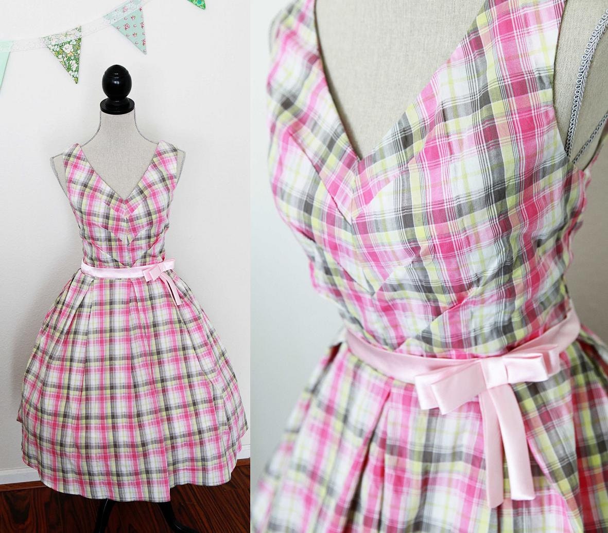 Pink Plaid Rockabilly Dress - Size Large