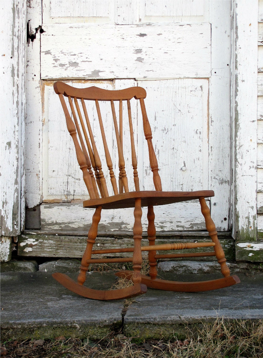 45 DOLLAR SHIPPING/ Antique Wooden Rocking Chair/ Minimal/ 1800s Victorian Early American/ Spindle Back/ Distressed Kitchen Dining