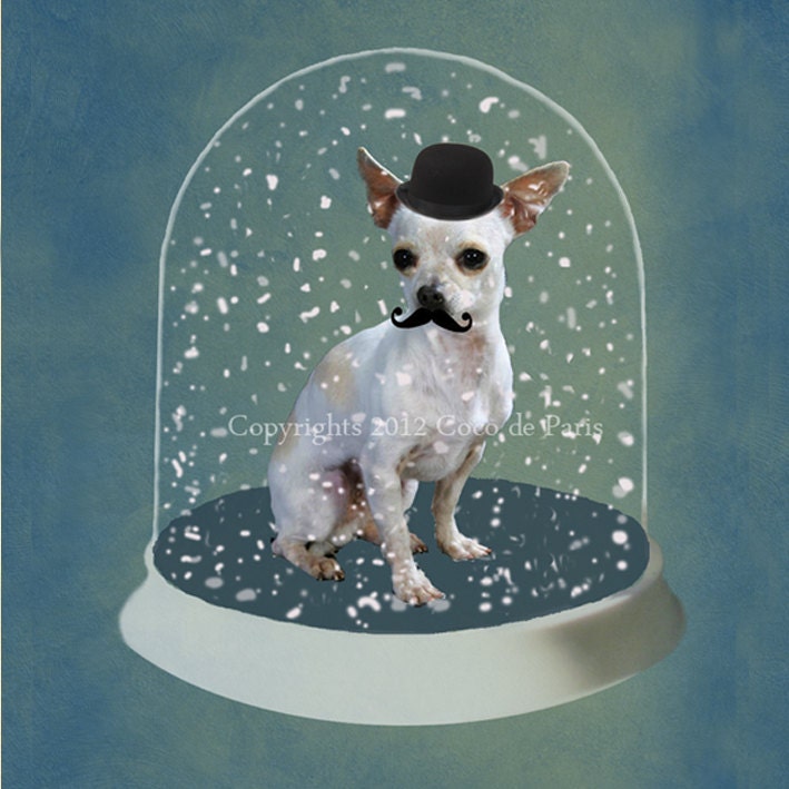 Still Life Print Illustration Art Poster Acrylic Painting Kids Decor Drawing Gift : Gentleman chihuahua  in Snow Globe
