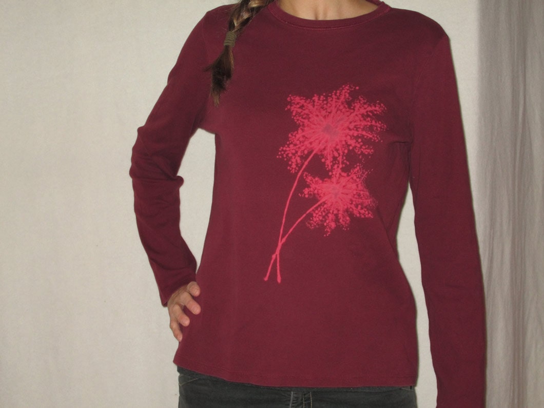 Dancing Dandelions Hand Drawn Womens Maroon Bleach Art Long Sleeve T Shirt