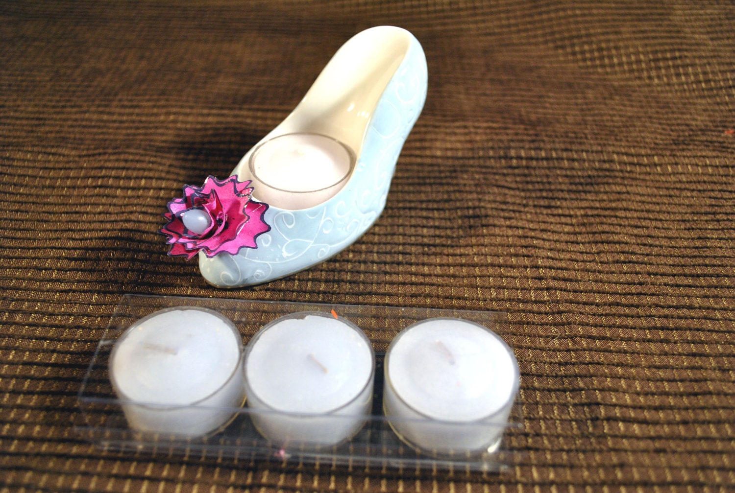 Candle Holder-Womens Shoe Candle Holder-Tea Light Candles-Cottage Chic-Up Cycled Pencil Shaving Flower