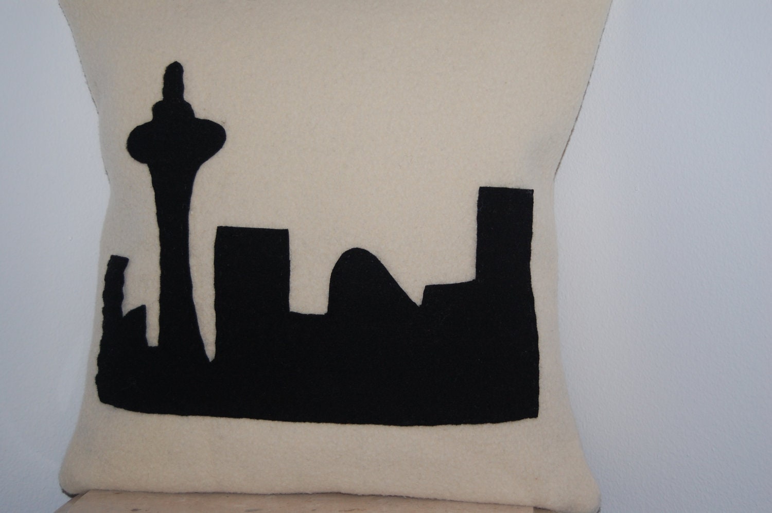 CUSTOM Woolen Seattle Skyline Silhouette Space Needle Square Wool Throw Pillow Shabby Chic Handmade Upcycled Vintage Blanket 14 x 14 INCH