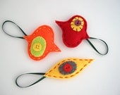 Retro holiday ornaments - Felt Christmas decorations in red, orange, yellow