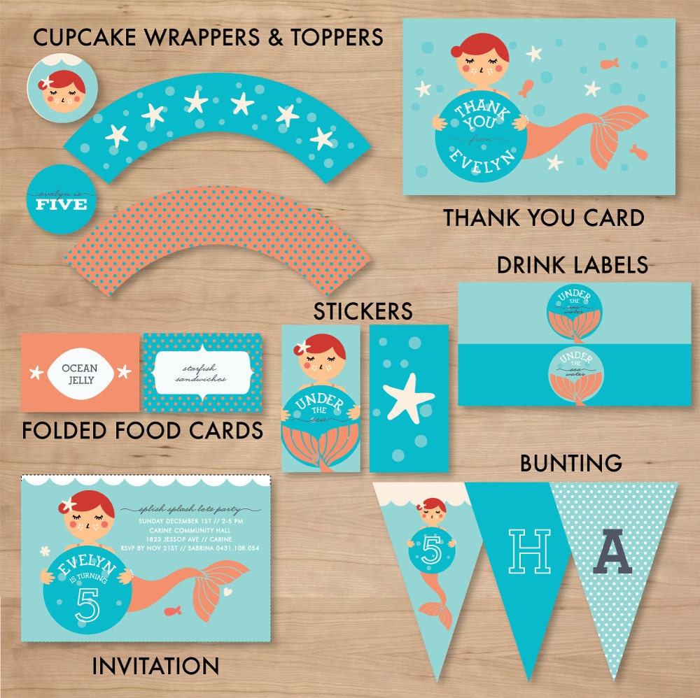 Mermaid Printable Party Kit with Invitation & Decorations - 4th 5th 6th 7th 8th birthday pack for girl - customized pdf