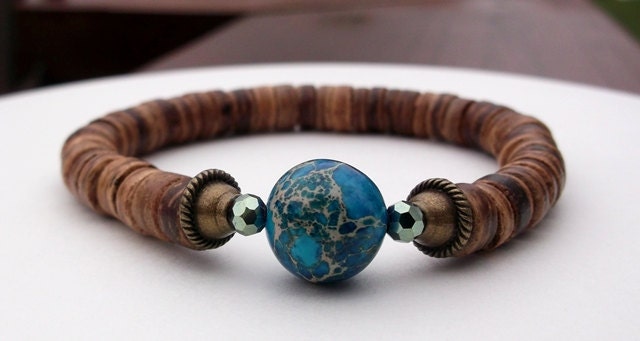Earth Bracelet, Wood Bracelet, Coconut Bracelet, Brown Bracelet, Nature Inspired Bracelet, Aqua Imperial Jasper - BlueStoneRiver