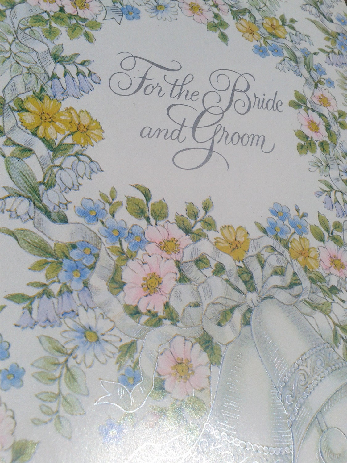 Wedding wrapping paper. Gift. Greeting. Bridal shower. For the Bride and Groom. Floral. Bells. 1970's. Metallic silver.